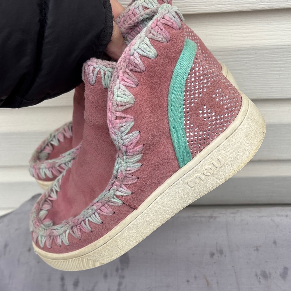MOU Ladies Pink Suede Slip-On Moccasin Sneakers with Multicolor Crochet Trim-7 - Picture 6 of 10